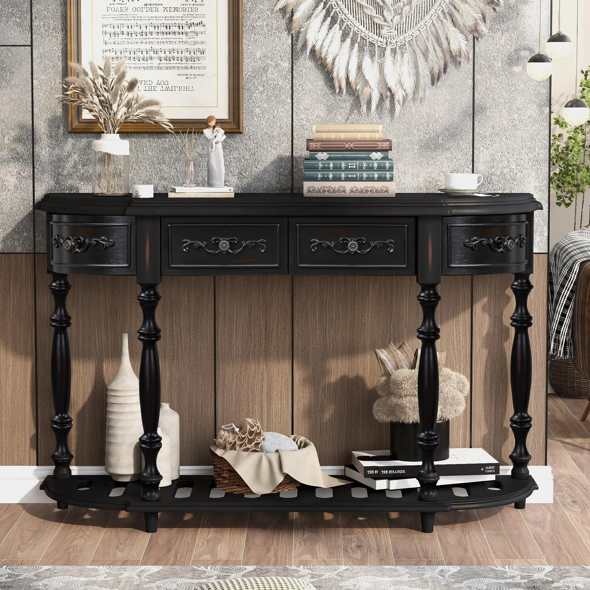 52" Modern Curved Console Table, 4 Drawers, 1 Shelf for Hallway