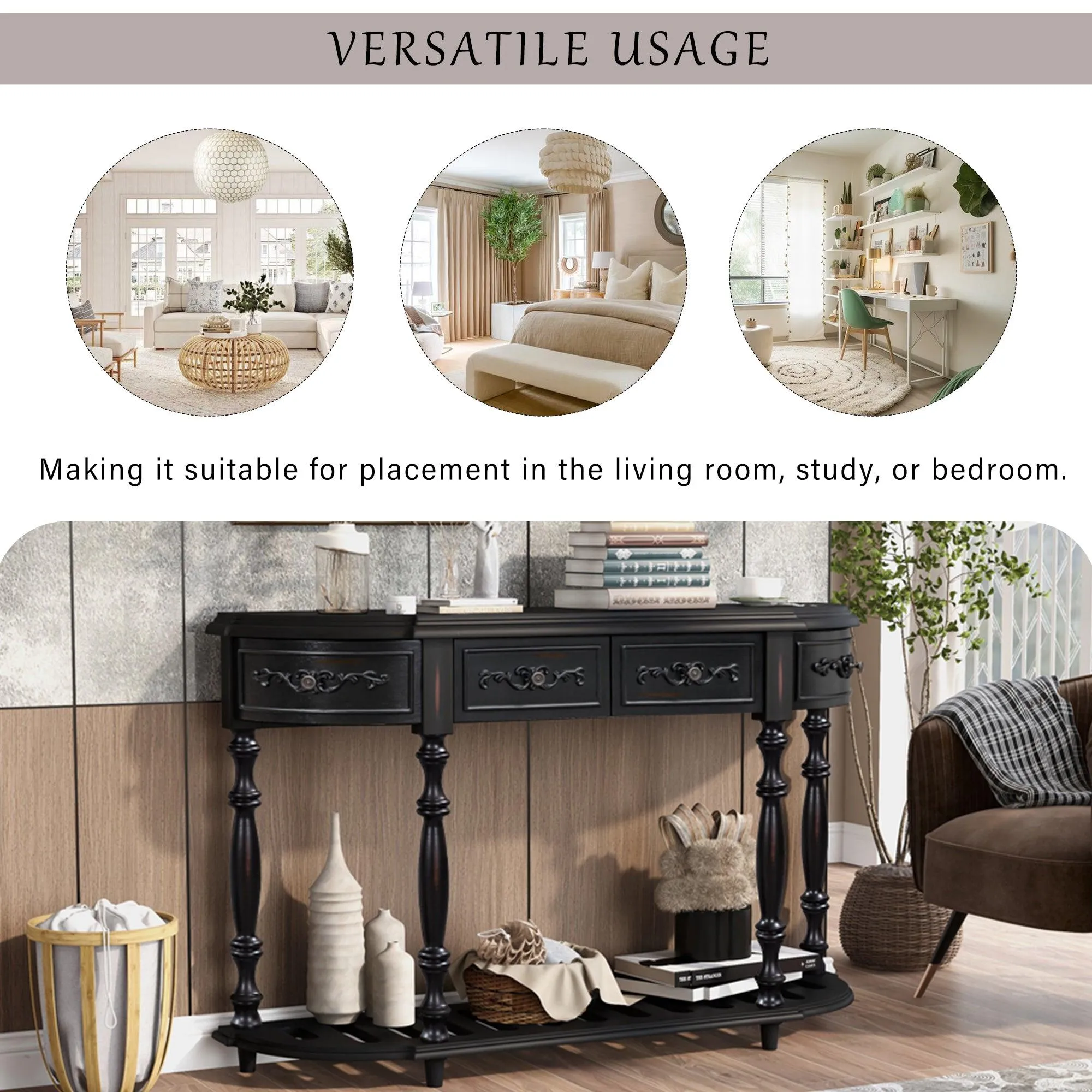52" Modern Curved Console Table, 4 Drawers, 1 Shelf for Hallway