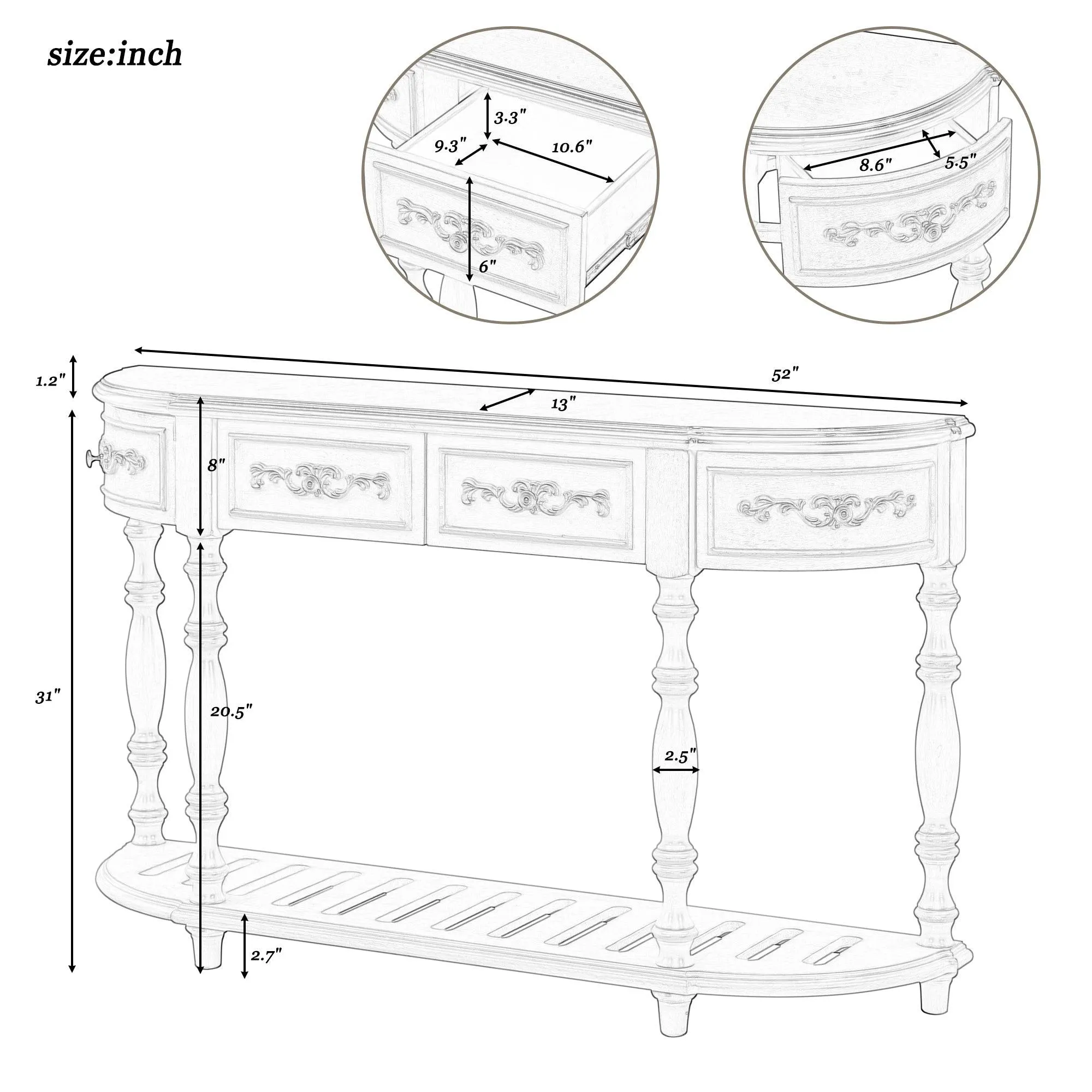 52" Modern Curved Console Table, 4 Drawers, 1 Shelf for Hallway