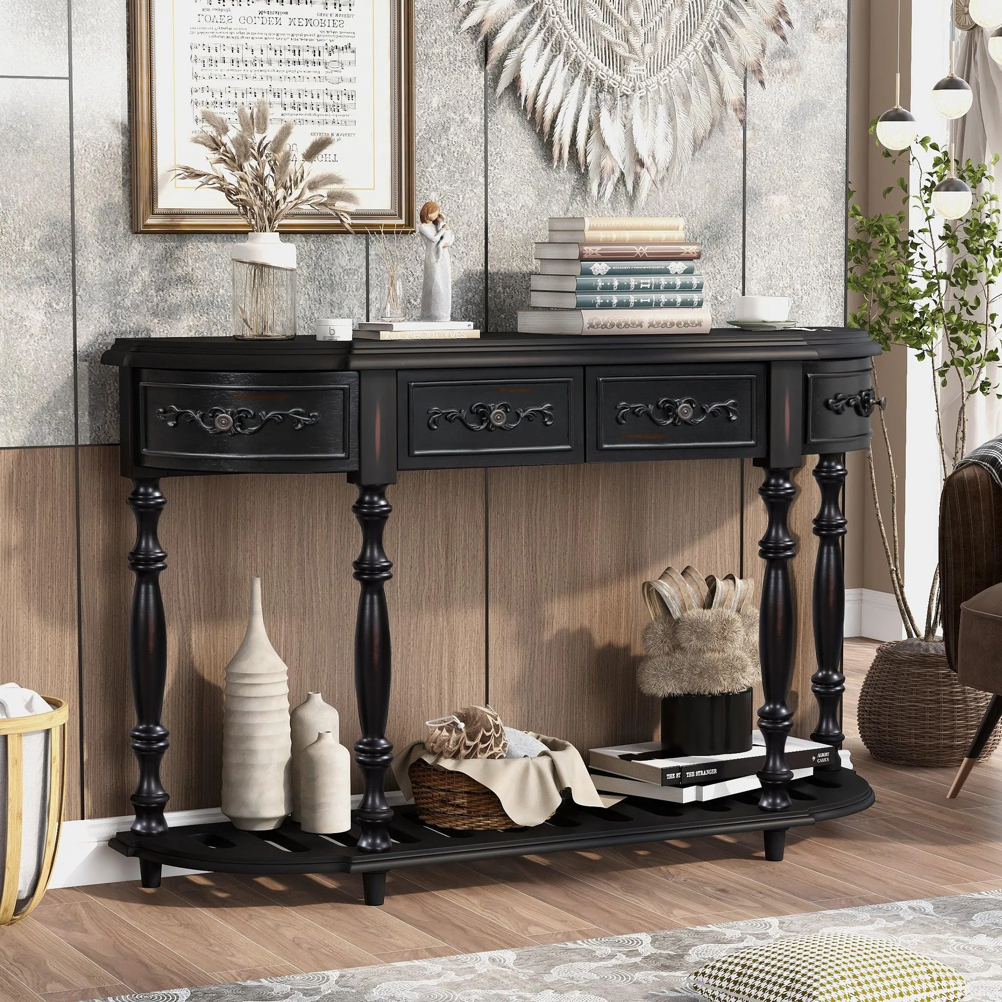 52" Modern Curved Console Table, 4 Drawers, 1 Shelf for Hallway