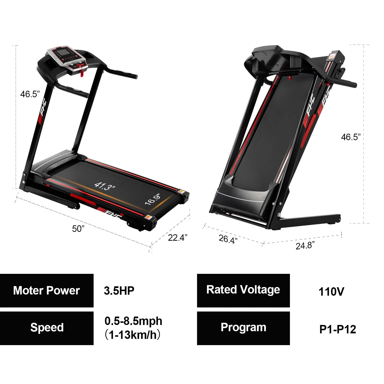 Folding Treadmills For Home - 3.5Hp Portable Foldable With Incline, Electric Treadmill For Running Walking Jogging Exercise With 12 Preset Programs, Indoor Workout Training Space Save Apartment