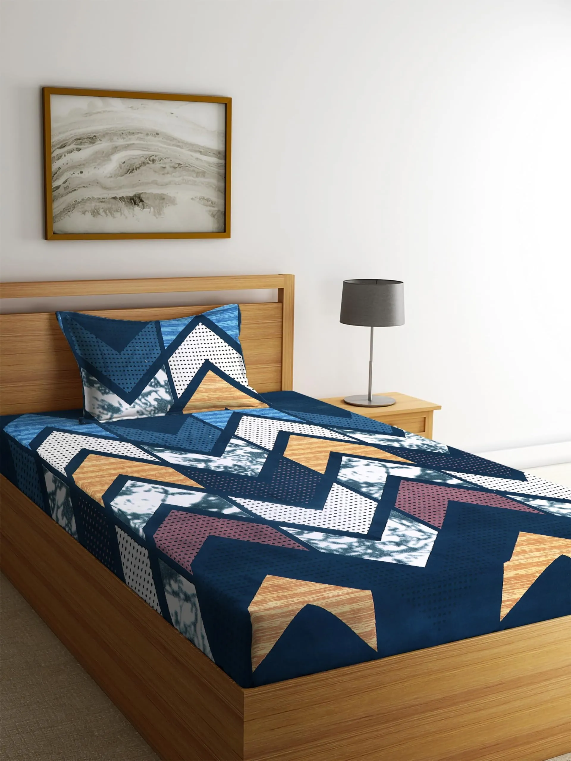 Navya Home Decor Premium 100% Cotton Feel Elastic Fitted Single Bedsheets with 1 Pillow Cover| All Around Elastic 200 TC Supersoft | (Size-36X72 6 inches, Beige Black & White)