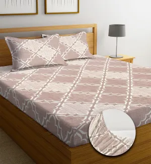 NHD HOME Premium Cotton 220 TC Elastic Fitted Bedsheets with 2 Pillow Covers | Double/King Bed with All Around Elastic Wrinklefree Supersoft Breathable |Size-78 x72 10 inches | White & Beige