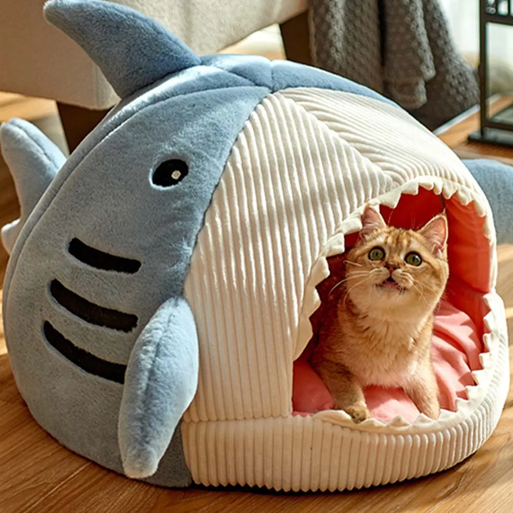 PAWS ASIA Suppliers Cotton Washable Semi Enclosed Soft Fluffy Cute Shark Cat Bed Dog