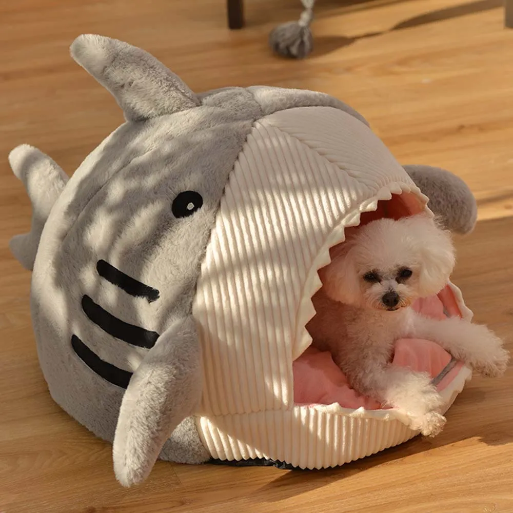 PAWS ASIA Suppliers Cotton Washable Semi Enclosed Soft Fluffy Cute Shark Cat Bed Dog